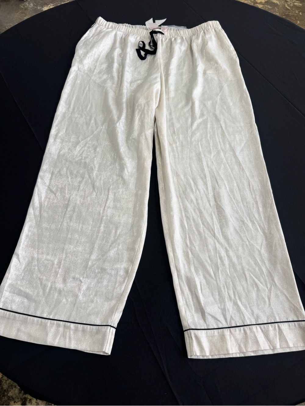 Victoria's Secret Cream Satin Drawstring Lounge Pants with Black Trim